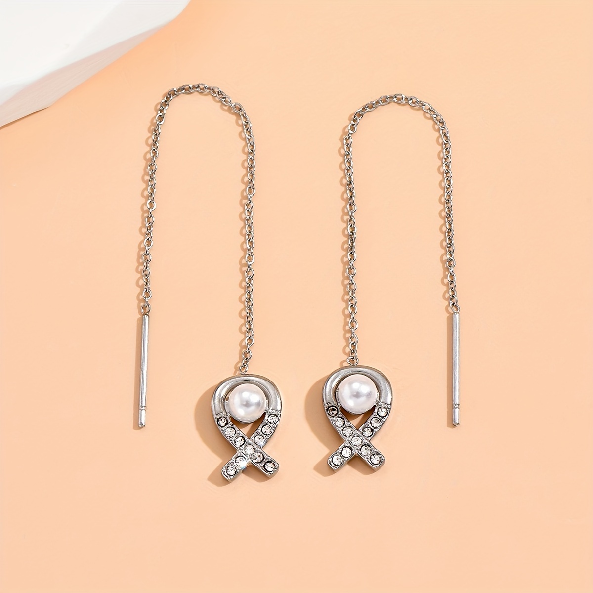 1 Pair Simple Style Fish Inlay 304 Stainless Steel Artificial Pearls Rhinestones Ear Line display picture 1