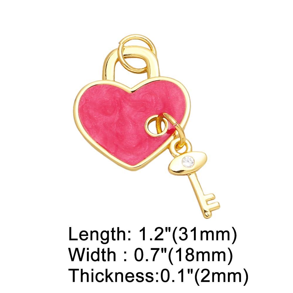Artistic Heart Shape Key Lock Copper Enamel Plating Inlay Zircon 18k Gold Plated Pendants Jewelry Accessories display picture 5
