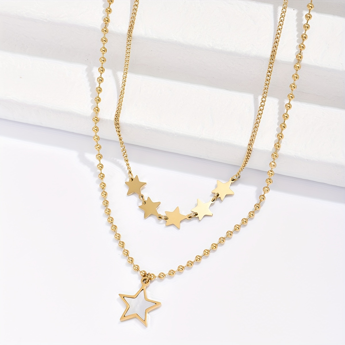 304 Stainless Steel 14K Gold Plated Korean Style Plating Inlay Pentagram Shell Layered Necklaces display picture 2