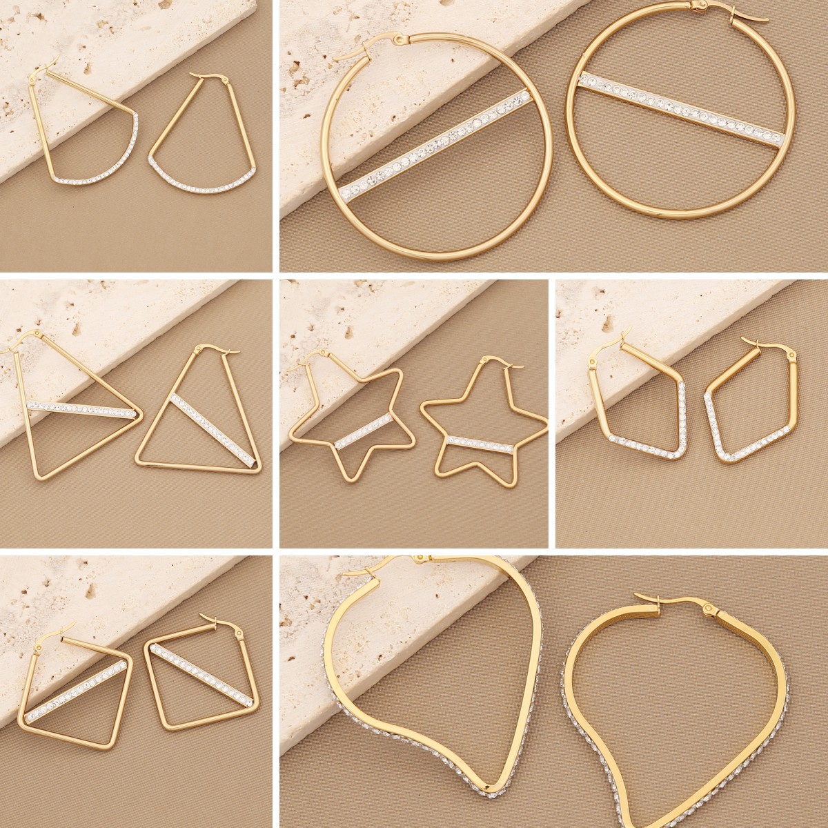 1 Pair Simple Style Triangle Star Heart Shape Stainless Steel Inlay Diamond Earrings display picture 1
