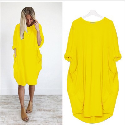 Women's Straight Skirt Casual Basic Simple Style Round Neck Fake Buttons Pocket Half Sleeve Simple Solid Color Midi Dress Outdoor Travel Daily display picture 2