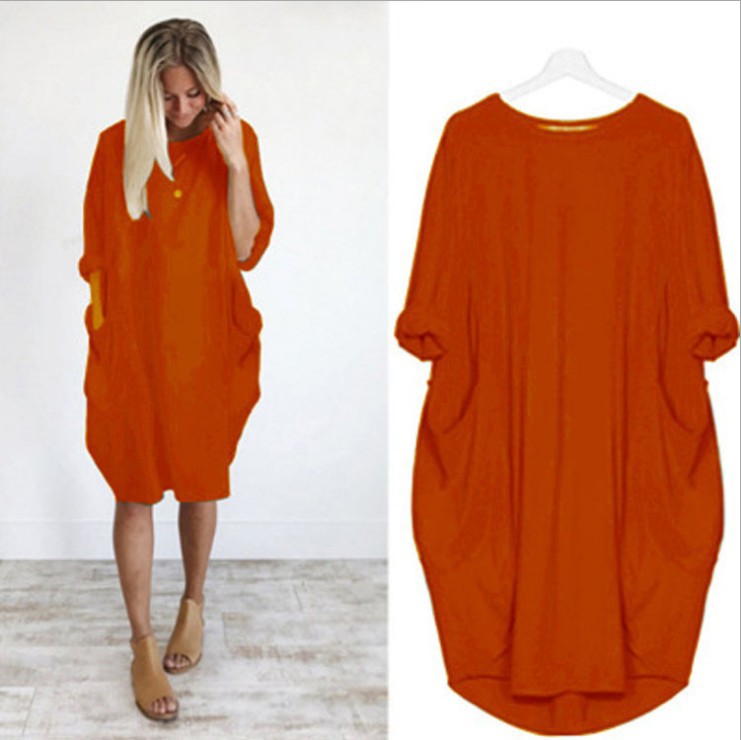 Women's Straight Skirt Casual Basic Simple Style Round Neck Fake Buttons Pocket Half Sleeve Simple Solid Color Midi Dress Outdoor Travel Daily display picture 7