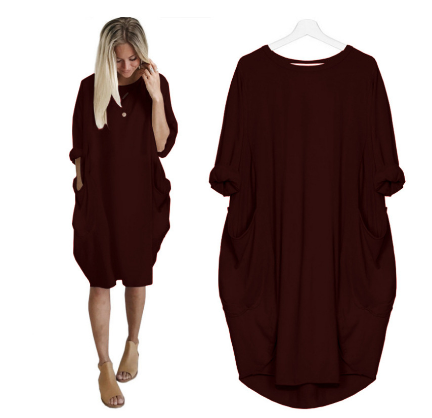 Women's Straight Skirt Casual Basic Simple Style Round Neck Fake Buttons Pocket Half Sleeve Simple Solid Color Midi Dress Outdoor Travel Daily display picture 8