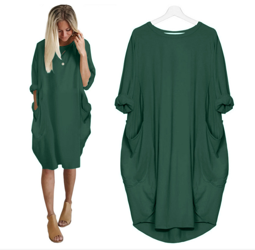 Women's Straight Skirt Casual Basic Simple Style Round Neck Fake Buttons Pocket Half Sleeve Simple Solid Color Midi Dress Outdoor Travel Daily display picture 6
