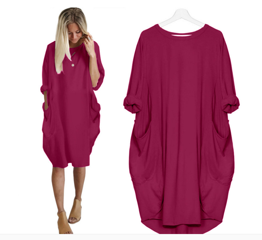 Women's Straight Skirt Casual Basic Simple Style Round Neck Fake Buttons Pocket Half Sleeve Simple Solid Color Midi Dress Outdoor Travel Daily display picture 10