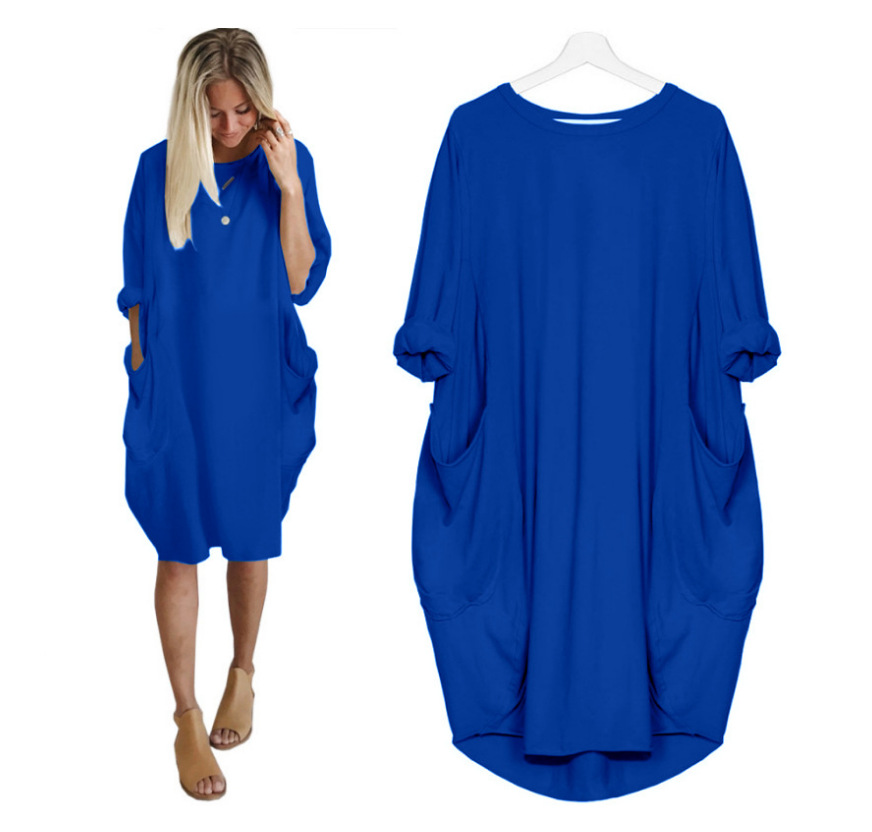 Women's Straight Skirt Casual Basic Simple Style Round Neck Fake Buttons Pocket Half Sleeve Simple Solid Color Midi Dress Outdoor Travel Daily display picture 9