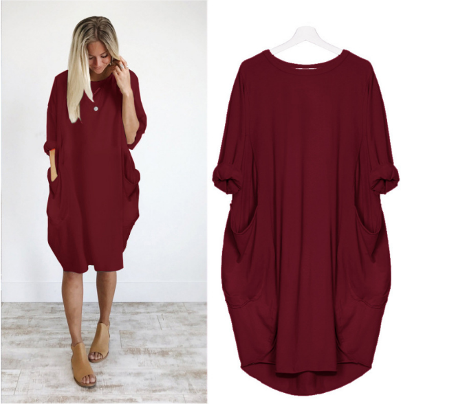 Women's Straight Skirt Casual Basic Simple Style Round Neck Fake Buttons Pocket Half Sleeve Simple Solid Color Midi Dress Outdoor Travel Daily display picture 13