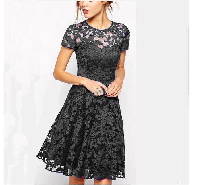 Women's A-line Skirt Lace Dress Basic Simple Style Round Neck Lace Short Sleeve Solid Color Above Knee Family Gathering Party Festival display picture 6