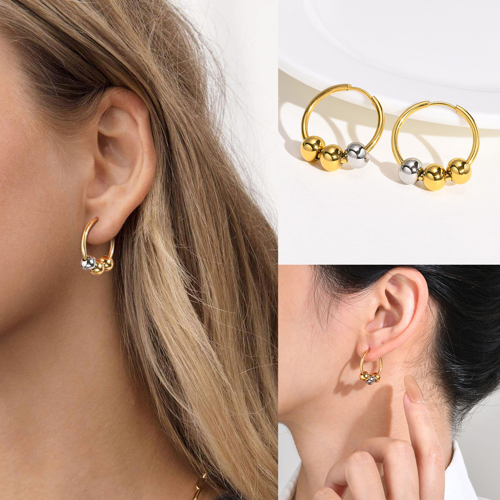 1 Piece INS Style Simple Style Solid Color Beaded 201 Stainless Steel Earrings display picture 5