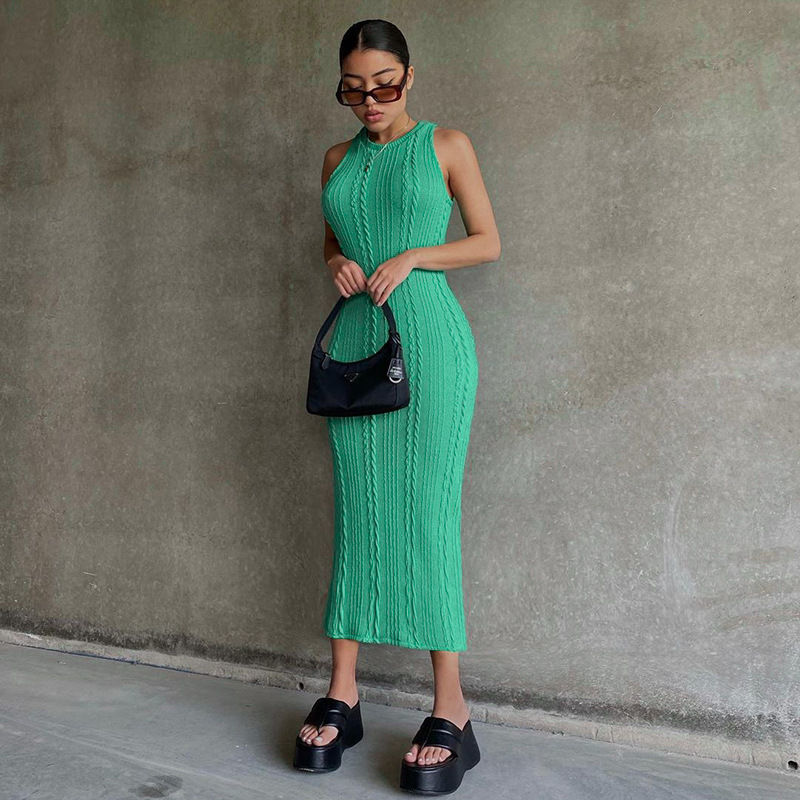 Women's Regular Dress Simple Style Round Neck Rib-knit Sleeveless Solid Color Midi Dress Daily display picture 3