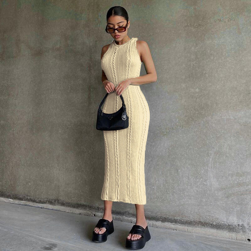 Women's Regular Dress Simple Style Round Neck Rib-knit Sleeveless Solid Color Midi Dress Daily display picture 7