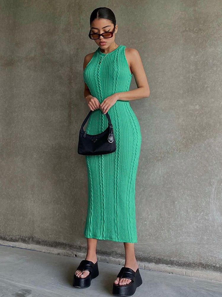 Women's Regular Dress Simple Style Round Neck Rib-knit Sleeveless Solid Color Midi Dress Daily display picture 13