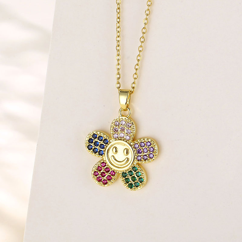 Wholesale Artistic Smiley Face Flower Stainless Steel Titanium Steel 18k Gold Plated Gold Plated Zircon Pendant Necklace display picture 1
