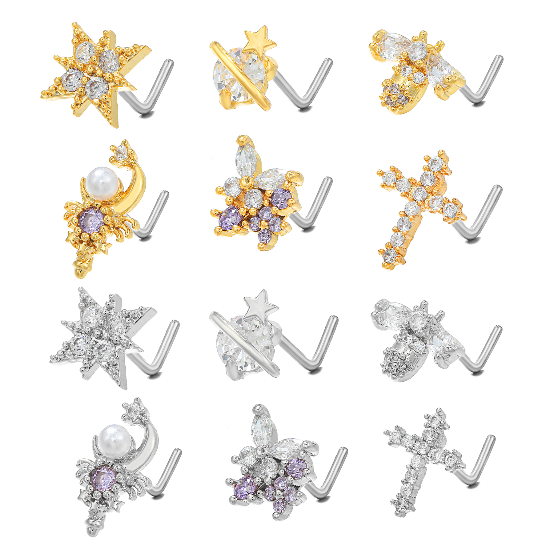 Wholesale Fashion Hexagram Cross Scorpion Copper 18k Gold Plated Pearl Zircon Nose Studs display picture 1