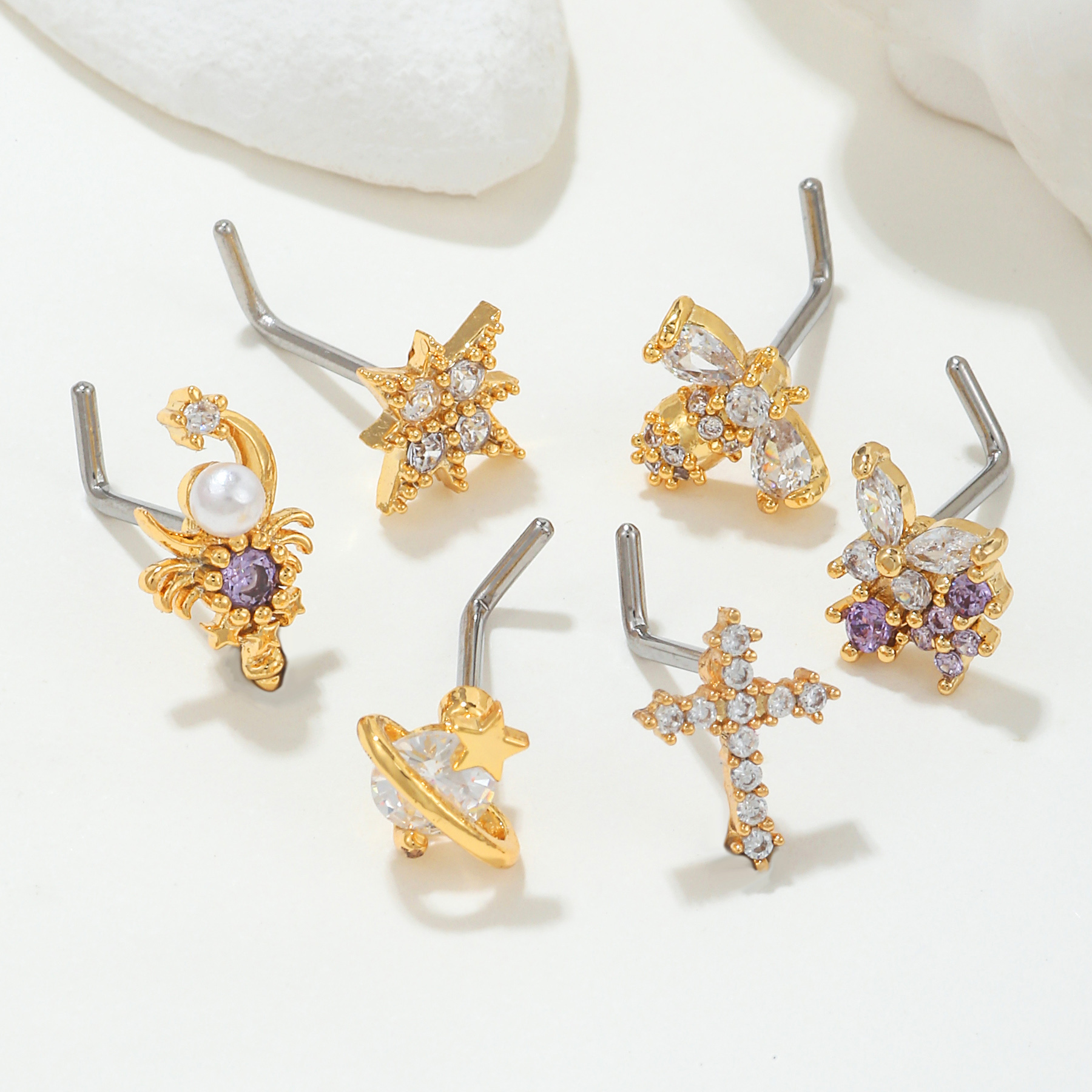 Wholesale Fashion Hexagram Cross Scorpion Copper 18k Gold Plated Pearl Zircon Nose Studs display picture 2