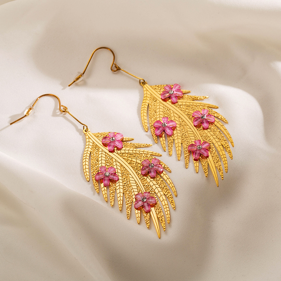 1 Piece Exaggerated Leaves Flower Inlay Stainless Steel Acrylic Rhinestones Gold Plated Drop Earrings display picture 1