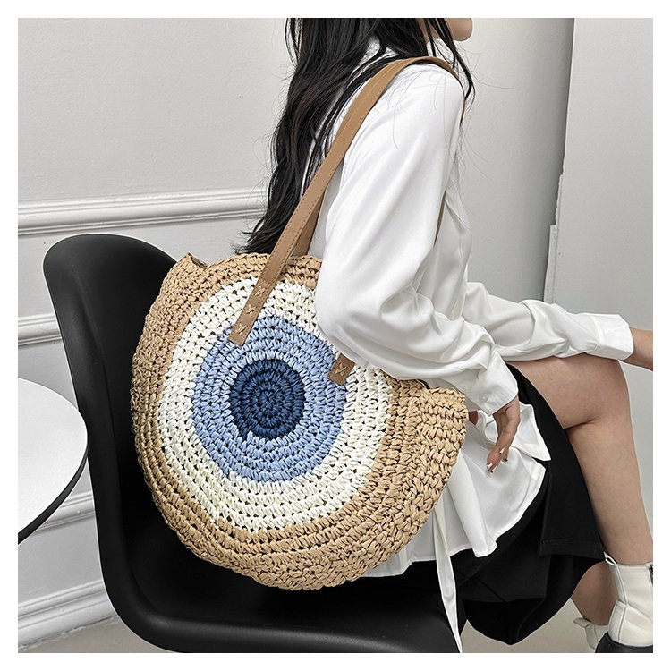Women's Straw Color Block Basic Round Zipper Shoulder Bag display picture 6