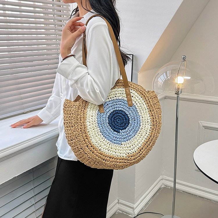 Women's Straw Color Block Basic Round Zipper Shoulder Bag display picture 8