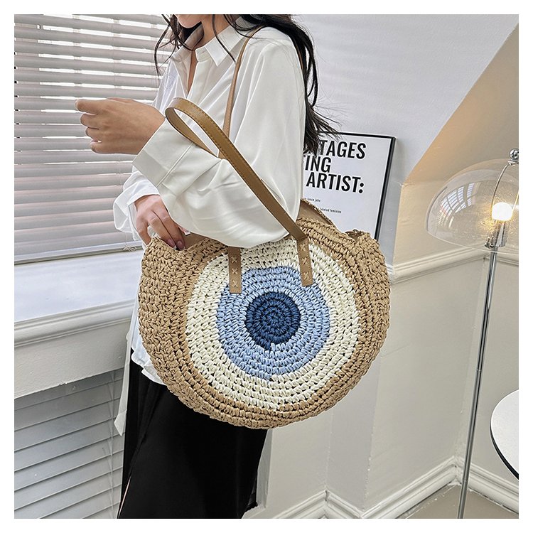 Women's Straw Color Block Basic Round Zipper Shoulder Bag display picture 1