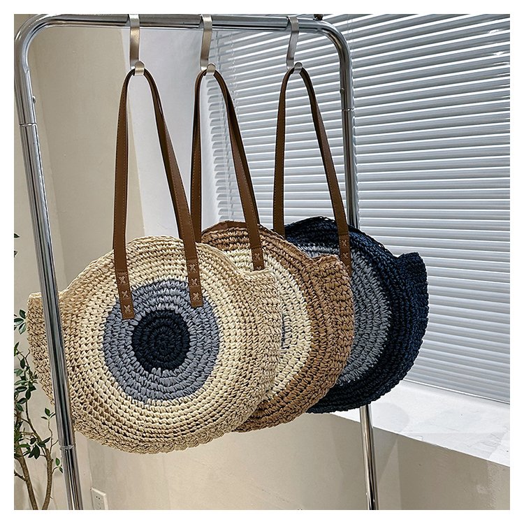 Women's Straw Color Block Basic Round Zipper Shoulder Bag display picture 4