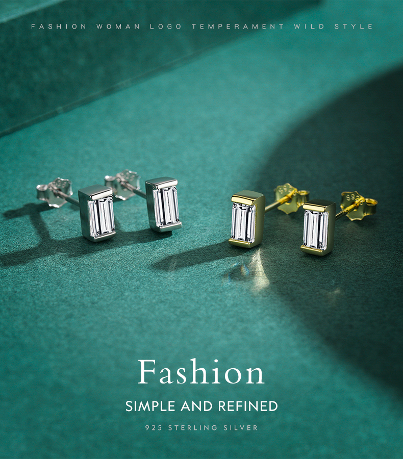 1 Pair Simple Style Rectangle Sterling Silver Plating Inlay Zircon 14k Gold Plated Rhodium Plated Ear Studs display picture 1