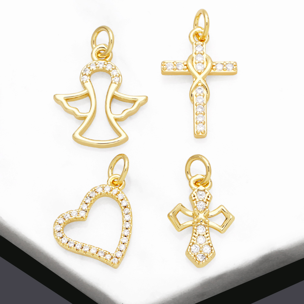 Ins Style Cross Angel Heart Shape Copper Plating Zircon 18k Gold Plated Pendants Jewelry Accessories display picture 2