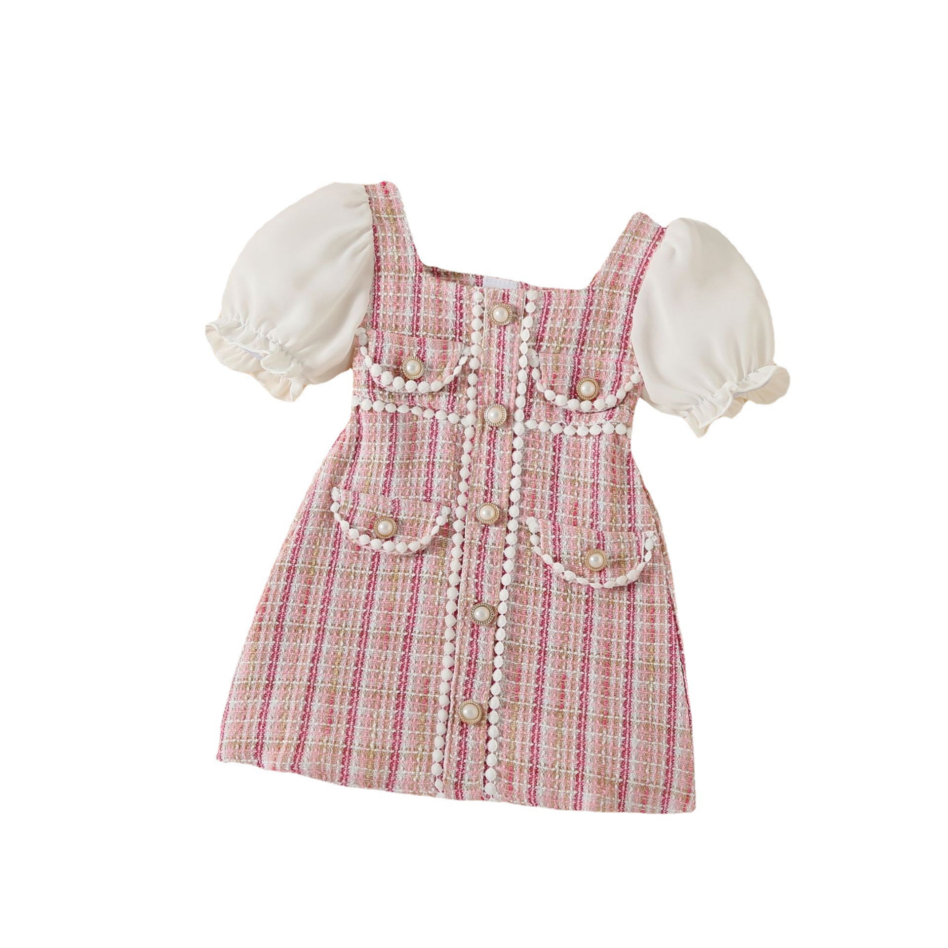Elegant Farbblock Gefälschte Taschen Vordertasche Perle Baumwolle Mädchen Kleider display picture 5