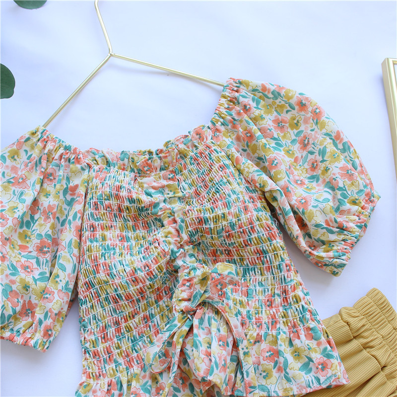 Casual Ditsy Floral Solid Color Drawstring Ruched Cotton Chiffon Girls Clothing Sets display picture 2