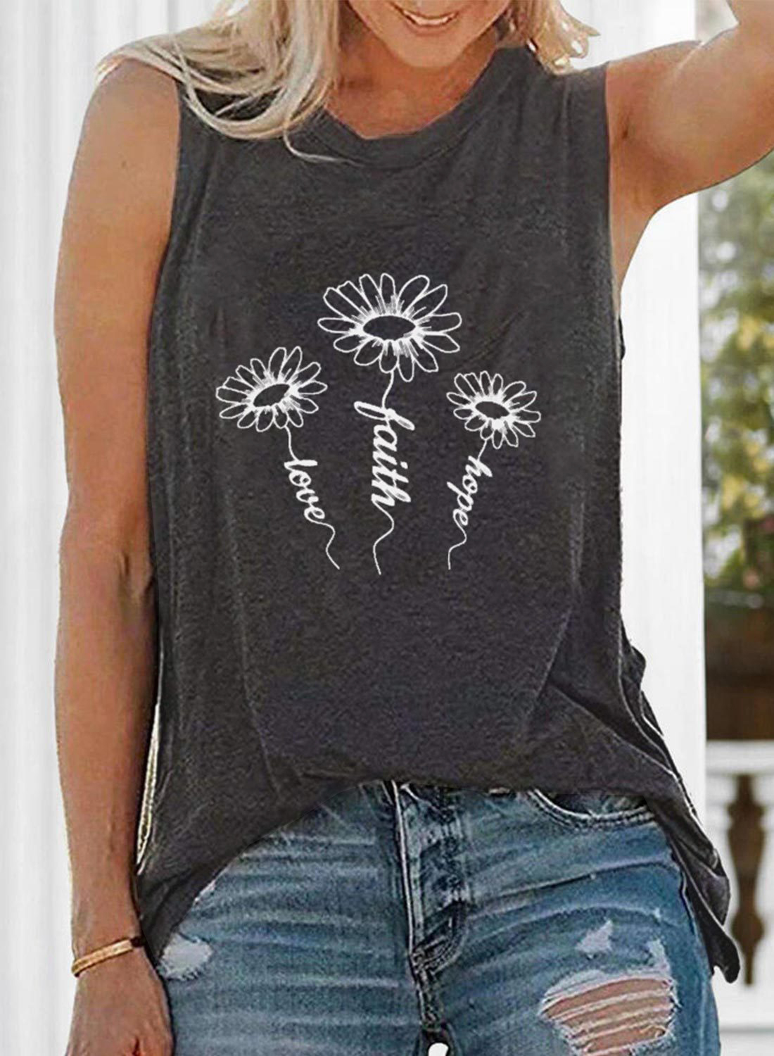 Women's Vest Sleeveless T-shirts Printing Fashion Sunflower Letter Heart Shape display picture 5