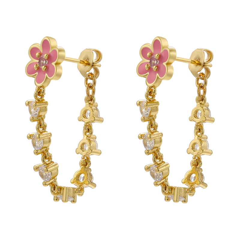 1 Pair Sweet Flower Copper Enamel Plating Inlay Zircon 18k Gold Plated Earrings display picture 3