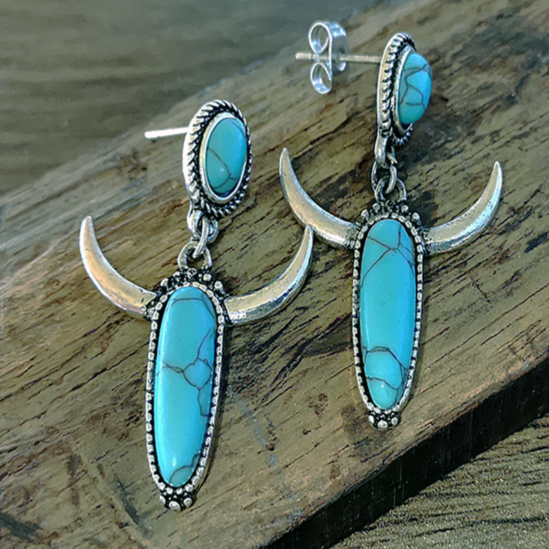 1 Pair Ethnic Style Horns Metal Inlay Turquoise Silver Plated Women's Drop Earrings display picture 1
