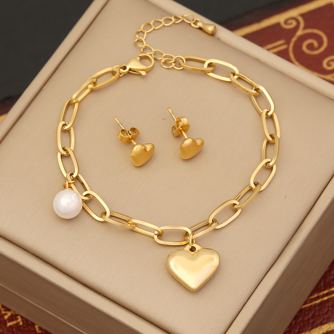Fashion Heart Shape Stainless Steel Pearl Plating Bracelets Earrings Necklace display picture 3