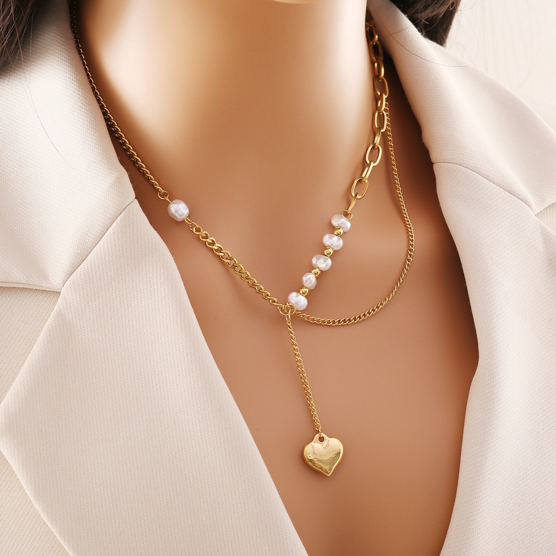 Fashion Heart Shape Stainless Steel Pearl Plating Bracelets Earrings Necklace display picture 1