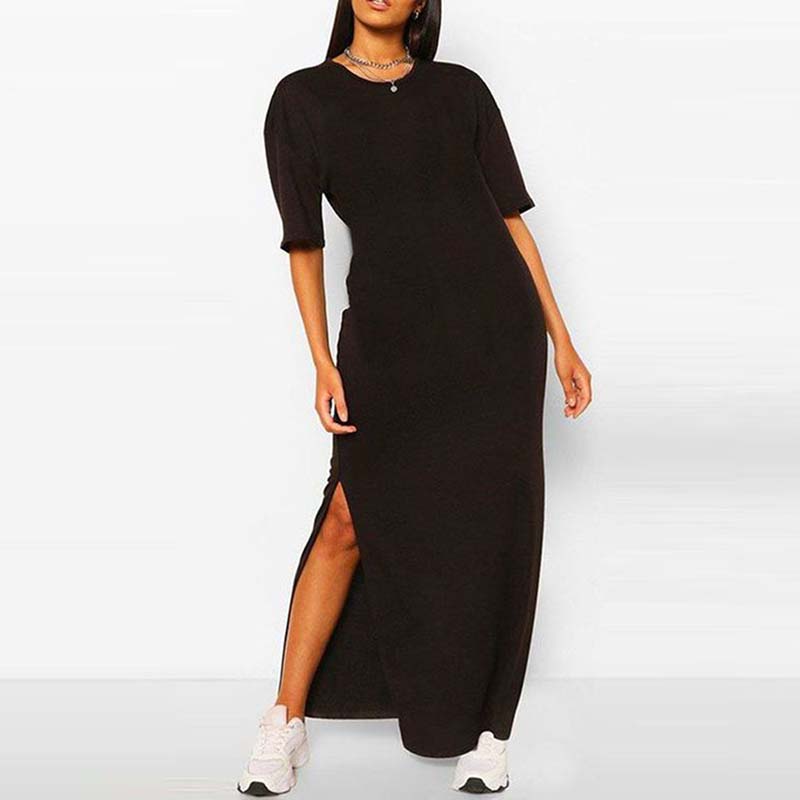 Women's Regular Dress Casual Round Neck Asymmetrical Slit Short Sleeve Solid Color Maxi Long Dress Daily display picture 2