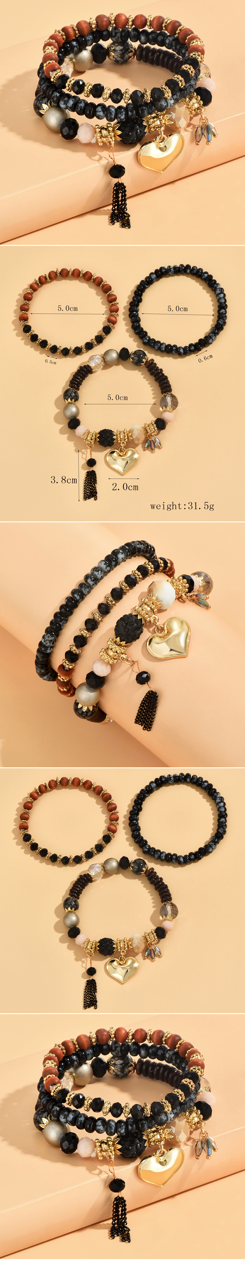 1 Set Fashion Heart Shape Alloy Resin Beaded Tassel Inlay Rhinestones Women's Bracelets display picture 1