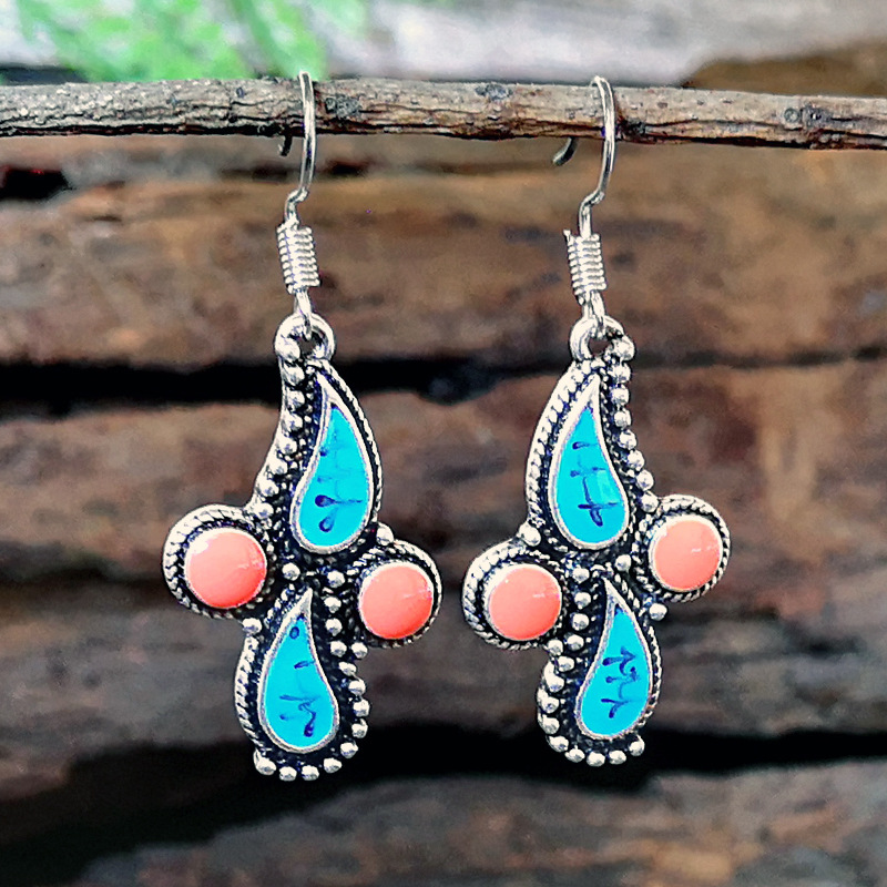 1 Pair Ethnic Style Leaf Water Droplets Metal Inlay Artificial Gemstones Turquoise Silver Plated Women's Drop Earrings display picture 2