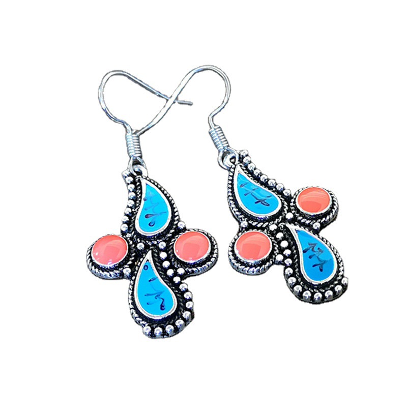 1 Pair Ethnic Style Leaf Water Droplets Metal Inlay Artificial Gemstones Turquoise Silver Plated Women's Drop Earrings display picture 4