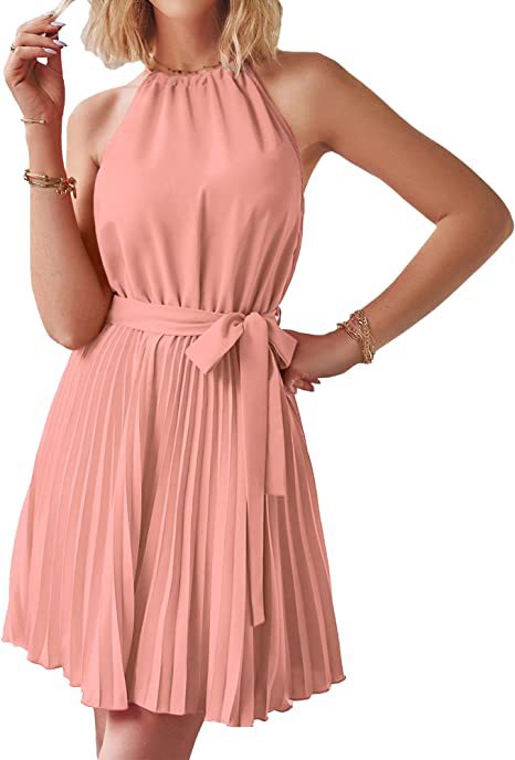 Women's Chiffon Dress Elegant Halter Neck Ruched Sleeveless Solid Color Knee-Length Daily display picture 14