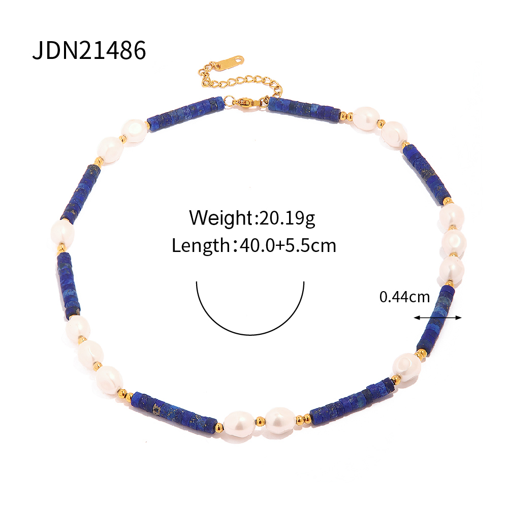 1 Piece Ins Style Round Stainless Steel Freshwater Pearl Lapis Lazuli Beaded Plating Necklace display picture 2