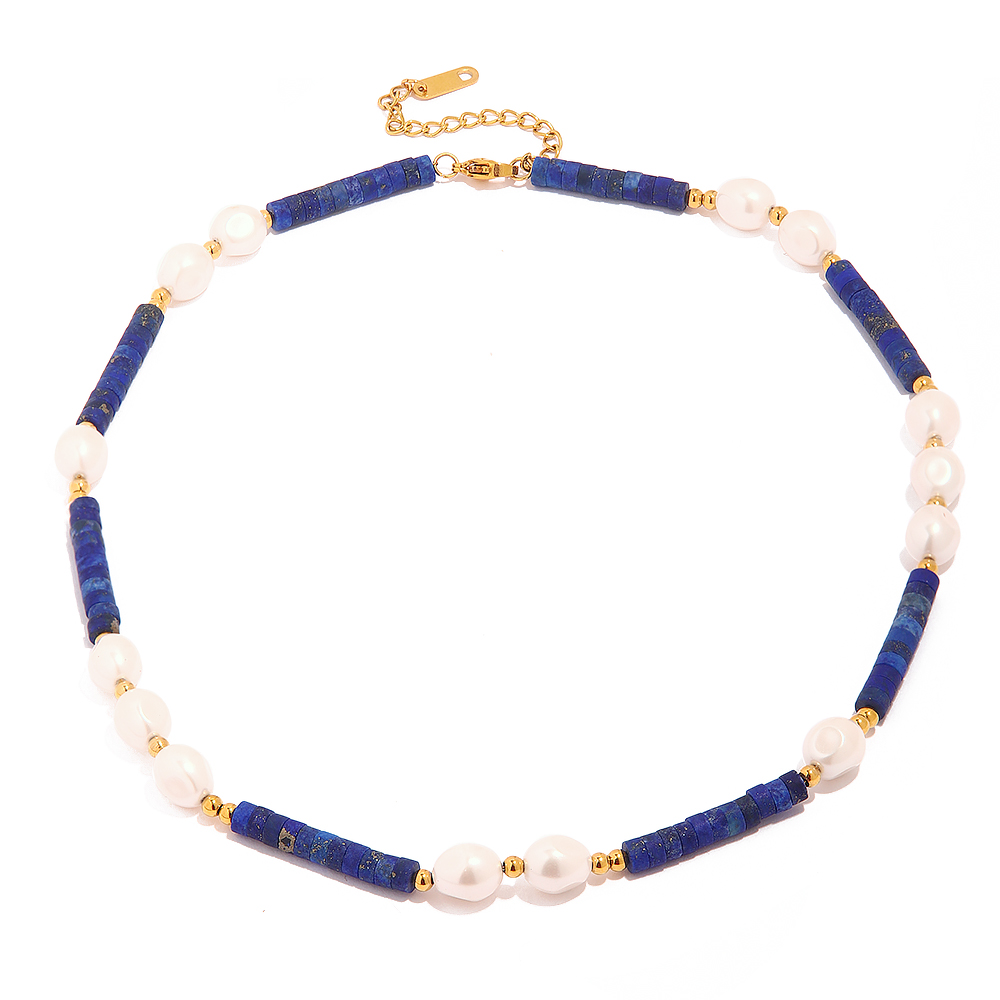 1 Piece Ins Style Round Stainless Steel Freshwater Pearl Lapis Lazuli Beaded Plating Necklace display picture 3
