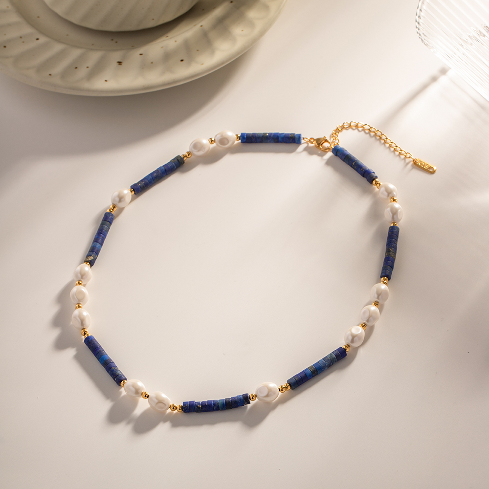 1 Piece Ins Style Round Stainless Steel Freshwater Pearl Lapis Lazuli Beaded Plating Necklace display picture 4