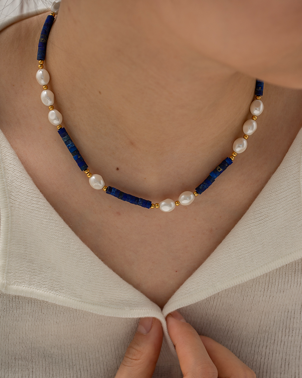 1 Pièce Style Ins Rond Acier Inoxydable Perle D'eau Douce Lapis Lazuli Perlé Placage Collier display picture 9