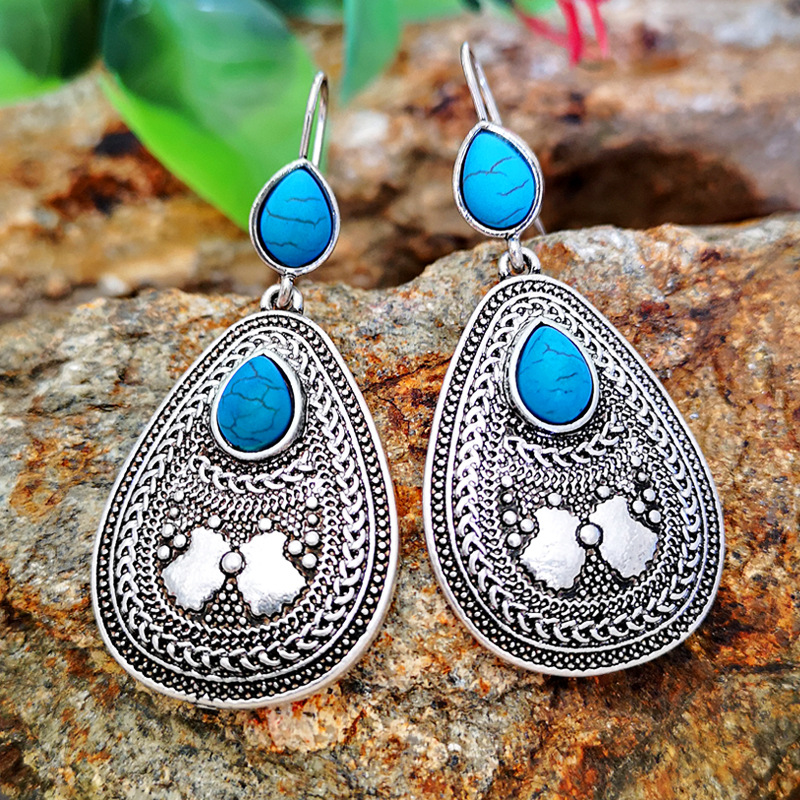 1 Pair Classical Ethnic Style Water Droplets Metal Inlay Turquoise Silver Plated Women's Drop Earrings display picture 3