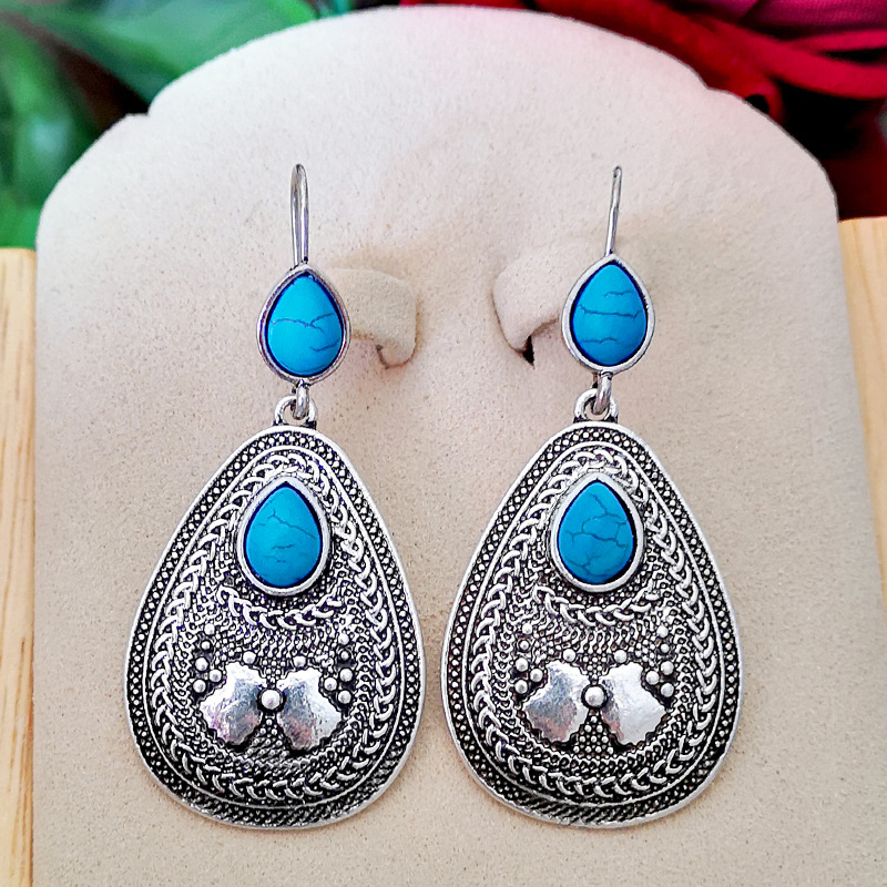 1 Pair Classical Ethnic Style Water Droplets Metal Inlay Turquoise Silver Plated Women's Drop Earrings display picture 4