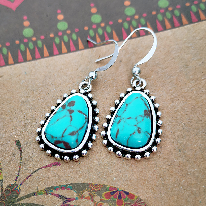 1 Pair Classical Ethnic Style Geometric Metal Inlay Turquoise Silver Plated Women's Drop Earrings display picture 3