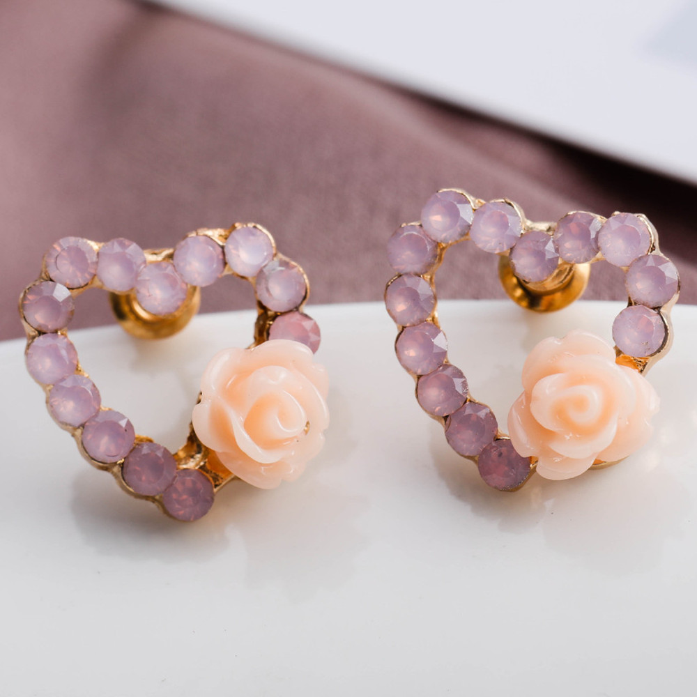 1 Set Fashion Heart Shape Rose Alloy Plating Artificial Pearls Rhinestones Gold Plated Women's Ear Studs display picture 2