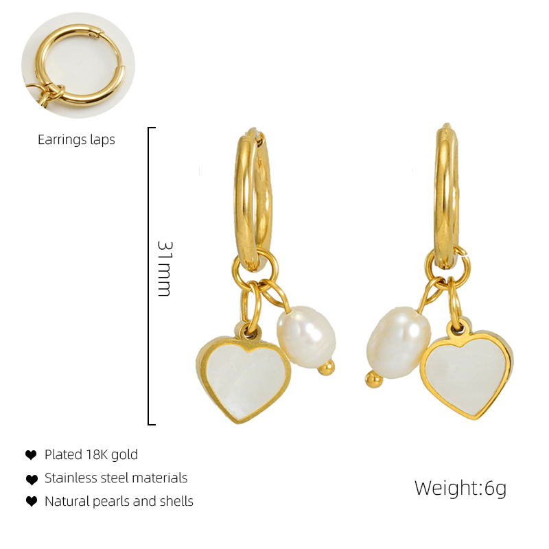 1 Paire Mode Forme De Cœur Acier Inoxydable Perle Placage Incruster Coquille Boucles D'oreilles display picture 1