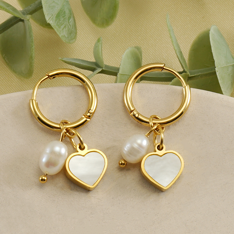 1 Pair Fashion Heart Shape Stainless Steel Pearl Plating Inlay Shell Drop Earrings display picture 3
