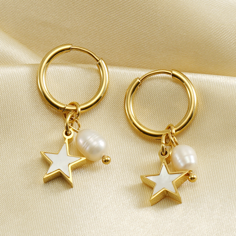 1 Pair Fashion Star Pearl Plating Inlay Stainless Steel Shell 18k Gold Plated Drop Earrings display picture 4