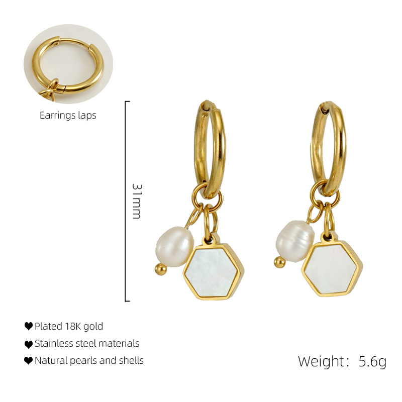 1 Pair Casual Hexagon Stainless Steel Pearl Plating Inlay Shell Drop Earrings display picture 1